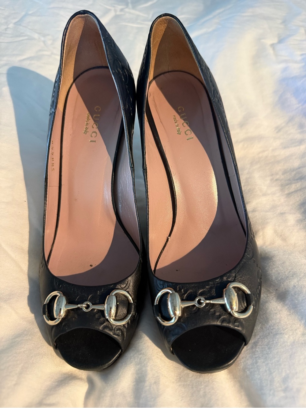 Gucci Black G Logo  Leather Peep-Toe Horsebit Heels